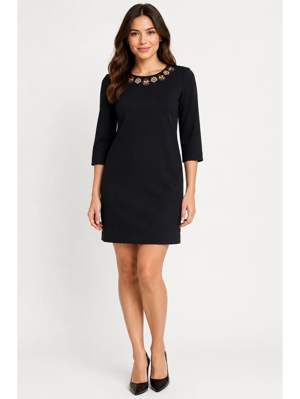 Kate Spade Lucy Jeweled Neckline Knit Short Shift Dress Black Size 6 Bell Sleeve